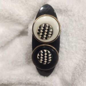 Vintage Black White Checkerboard Button Hair Barrette Retro Mod Oval Clip